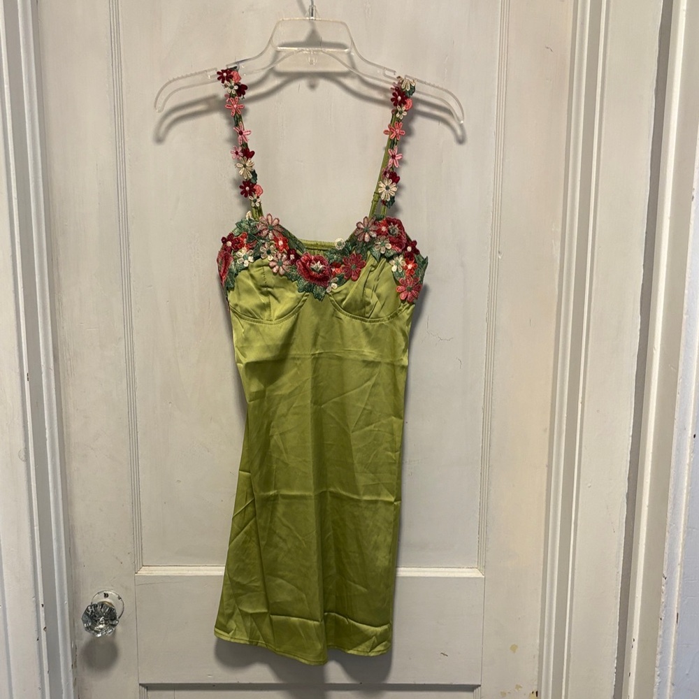Green Floral Embroidered Fairycore Goblincore Satin Mini Dress